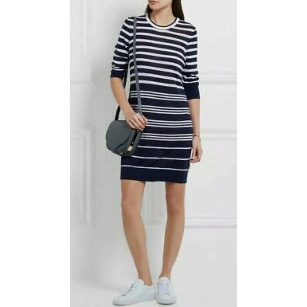 Equipment Marta Silk & Cashmere Crew Neck Stripe Blue Sweater Dress S/P